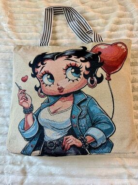 Betty Boop Printed Canvas Tote Bag in Beige with Blue Artwork